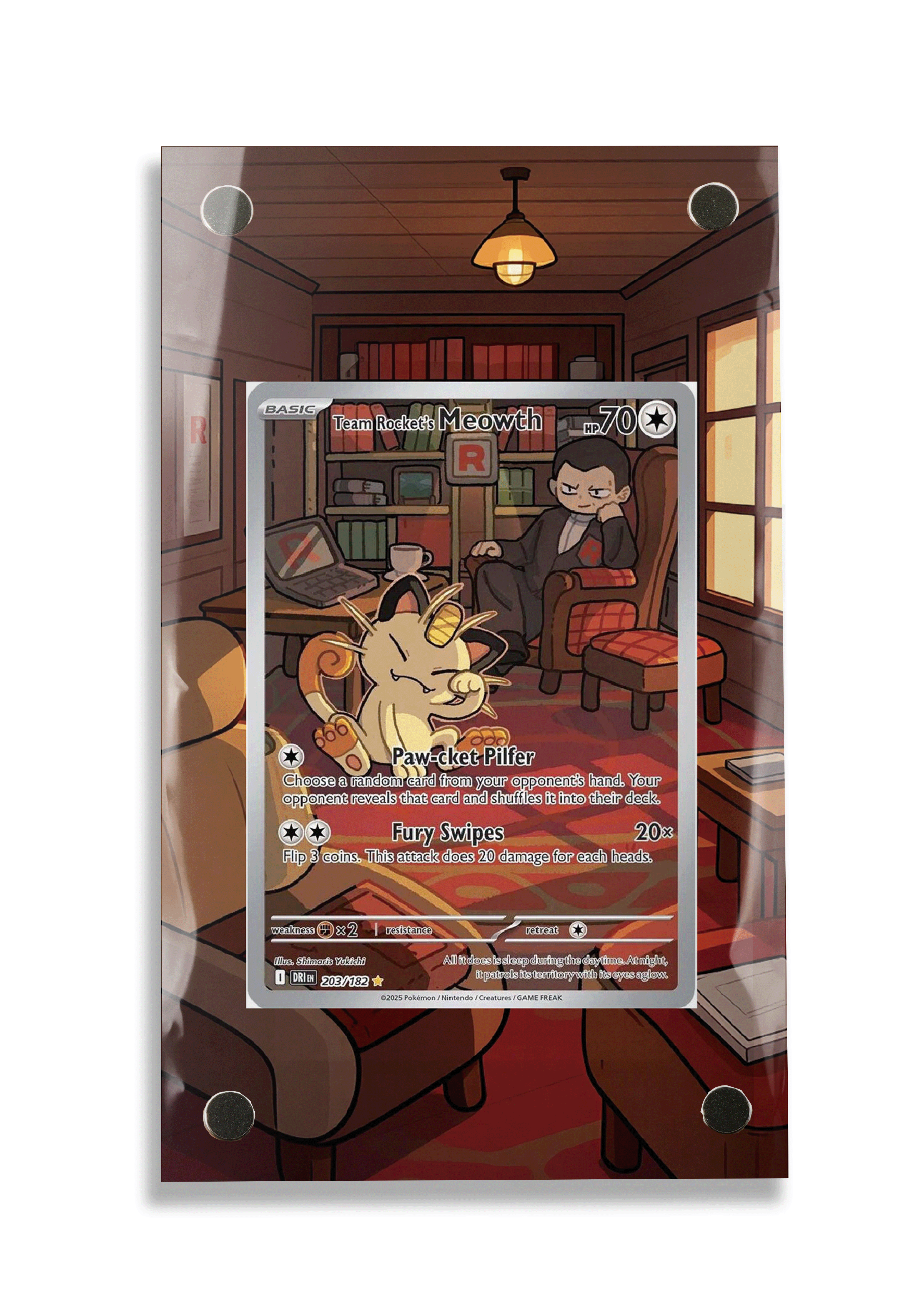 Pokémon TCG Team Rocket's Meowth Scarlet & Violet - Destined Rivals #203/182 Display Frame | Gem Mint Sleeve