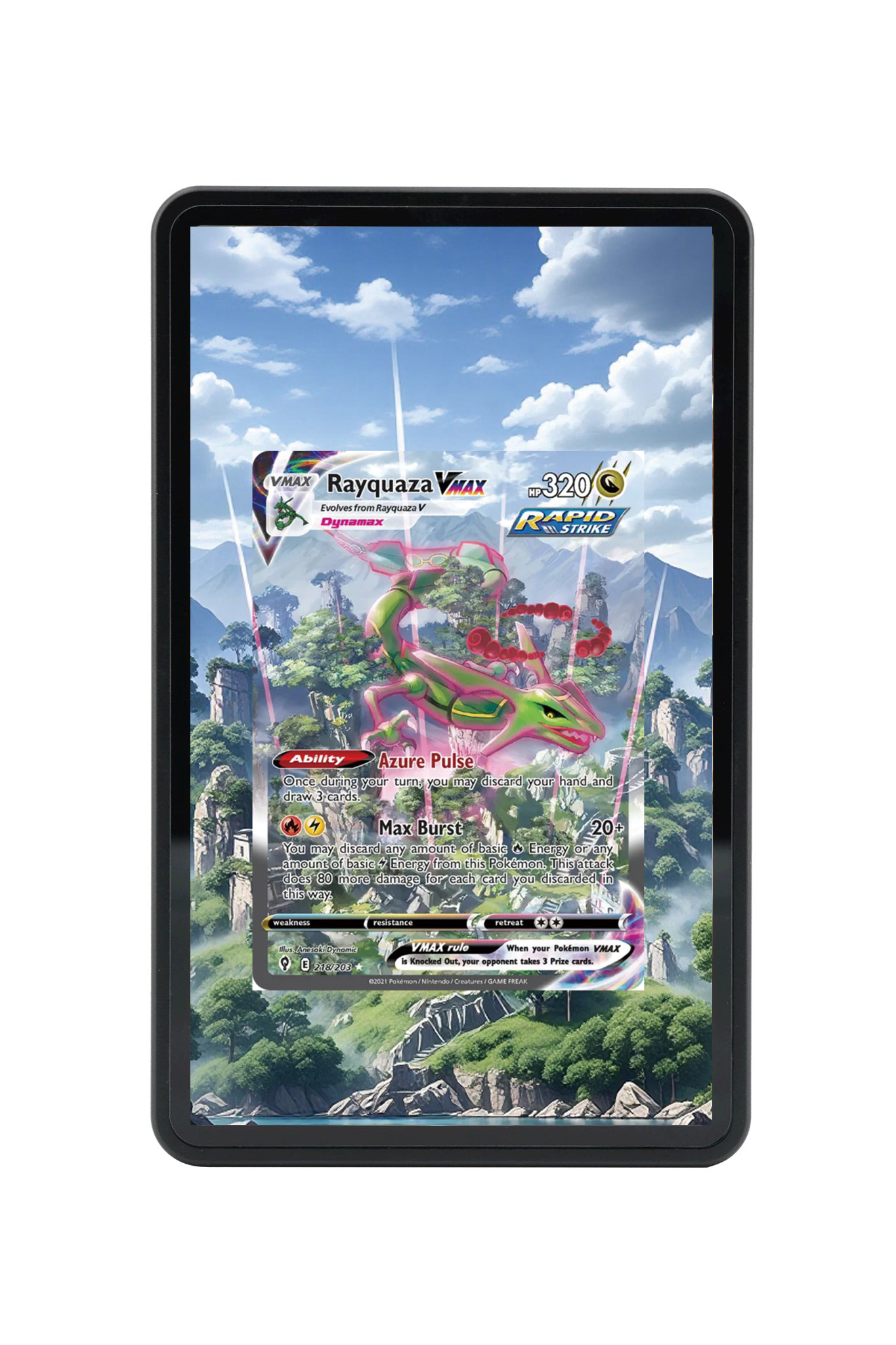Rayquaza VMAX Evolving Skies #218/203 Magnetic Card Holder with matching extended artwork