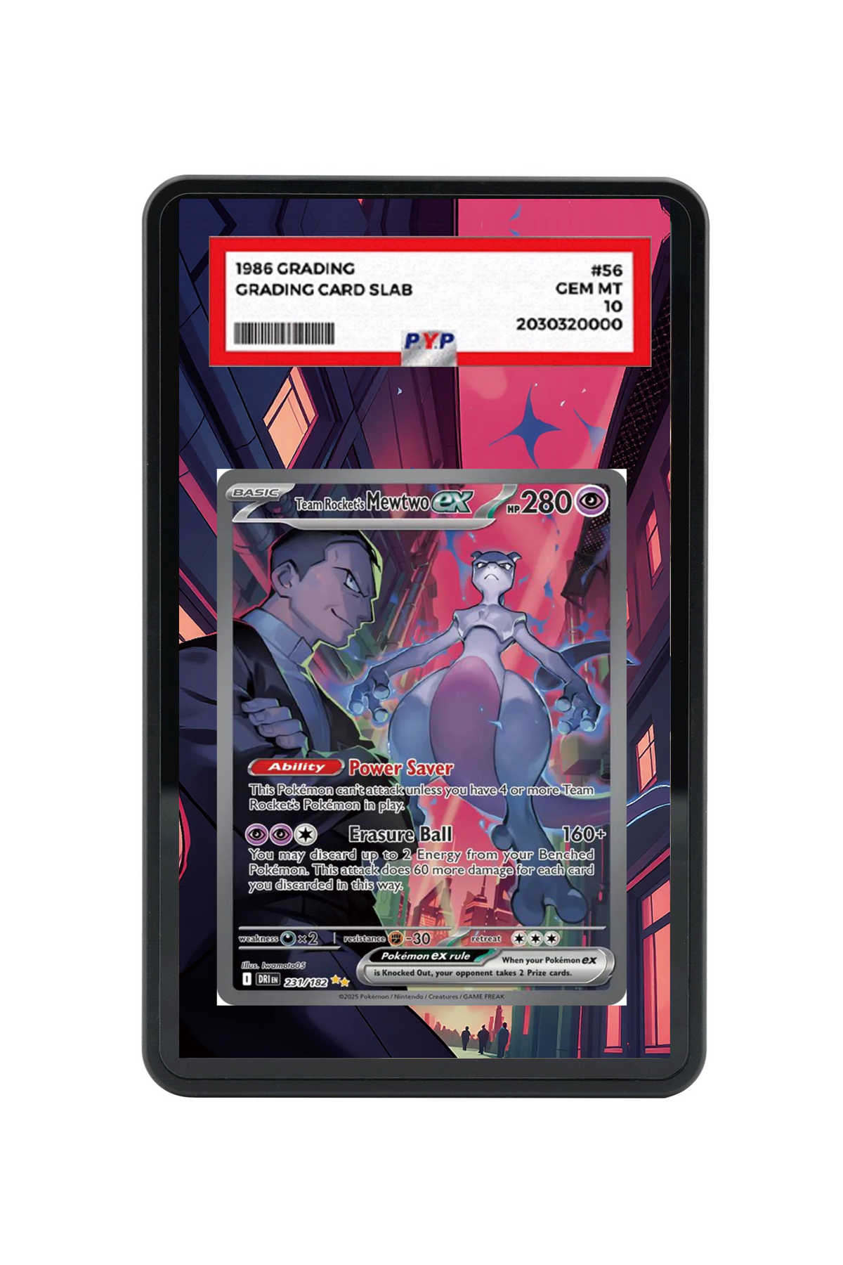 Team Rocket's Mewtwo ex Destined Rivals #231/182 PSA Grade Case with matching extended artwork